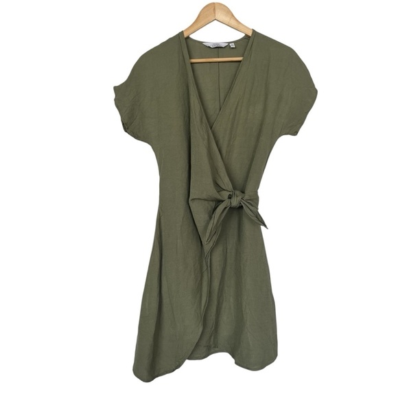 & Other Stories Paris Atelier V Neck Olive Green Linen Belt Wrap Mini Dress SZ 2 - Picture 4 of 12